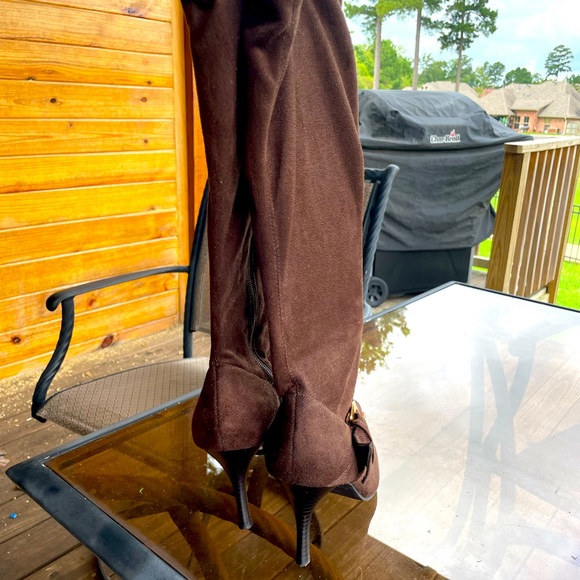 Madeline sexy boots in soft suede, Gold Buckle accent, 2.8" heel. - Picture 6 of 7